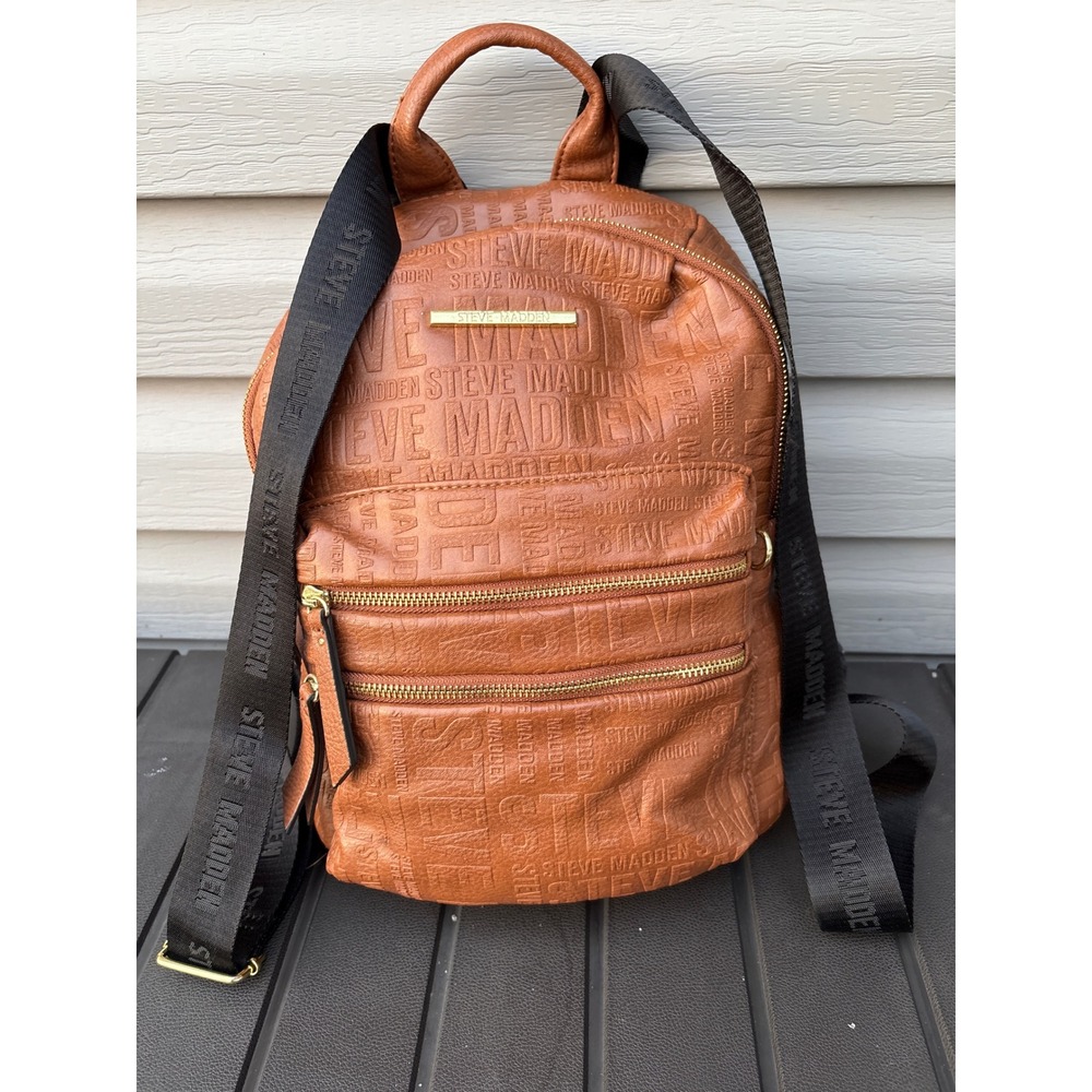 Steve Madden Cognac Brown Embossed Logo Backpack with Gold Hardware and Wallet